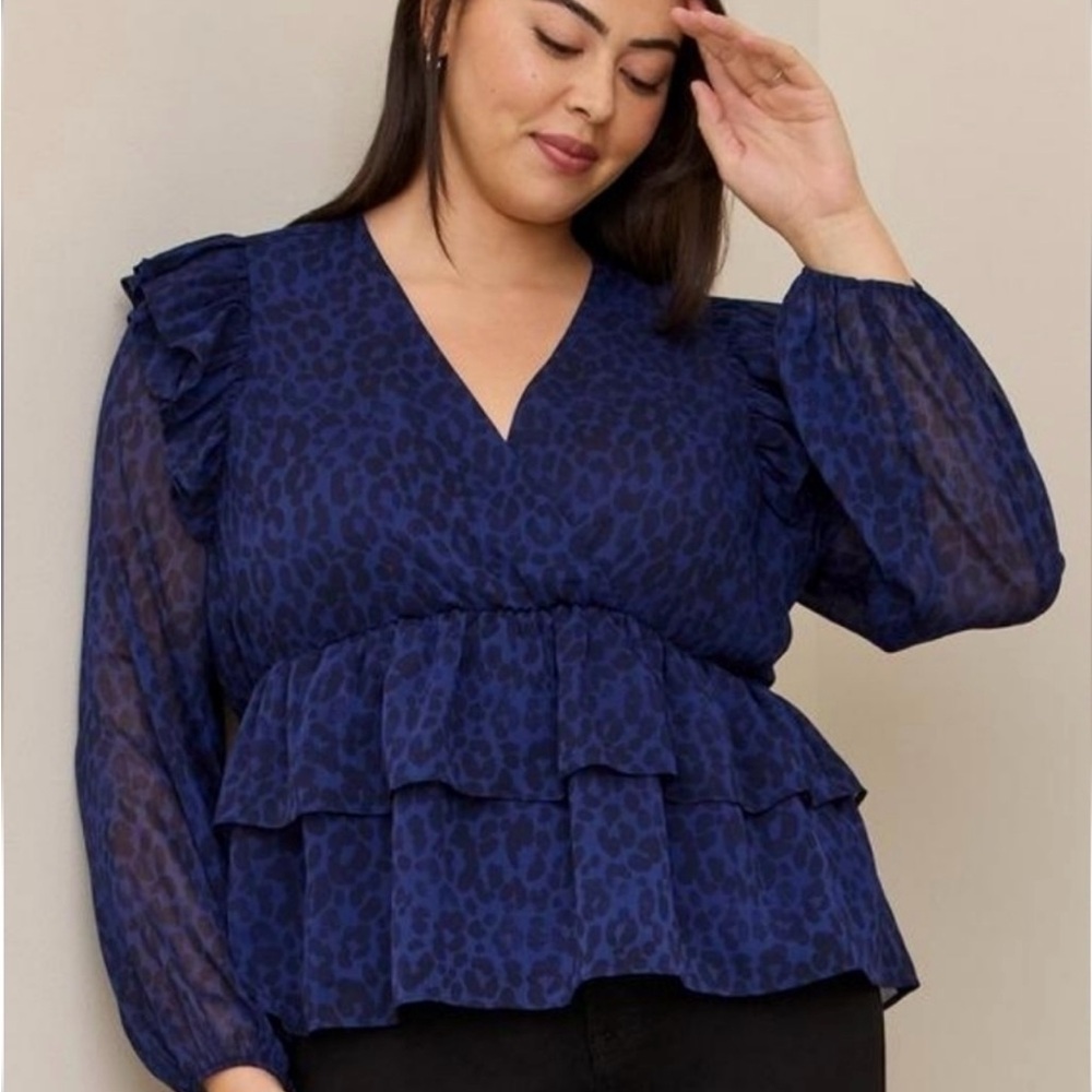 Torrid Blue Leopard Print Ruffle Blouse
